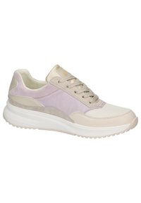 Beżowe sneakersy z jasnofioletowymi akcentami, teksturowana siateczka i zamszowa cholewka, sznurowane zapięcie oraz gruba biała gumowa podeszwa. Okrągły kształt noska.