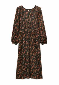 Langes schwarzes Kleid mit buntem Blumen- und Paisleymuster. Verfügt über einen runden Halsausschnitt und lange puffärmel. Hergestellt aus leichtem Stoff.