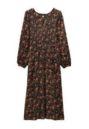 Dolga črna obleka z barvitim cvetličnim in paisley vzorcem. Ima okroglo izreznico in dolge napihnjene rokave. Narejena je iz lahkega materiala.