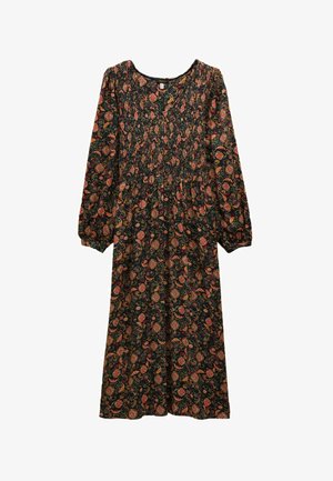 Lungo vestito nero con stampa floreale e paisley colorata. Caratterizzato da un collo rotondo e lunghe maniche a sbuffo. Realizzato in tessuto leggero.