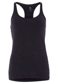 Czarny sportowy tank top wykonany z miękkiego, oddychającego materiału. Posiada plecy w stylu racerback, zaokrąglony dół oraz subtelne logo na dole.