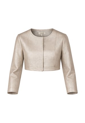 Giacca corta beige in ecopelle con scollo rotondo, maniche lunghe e chiusura frontale nascosta.