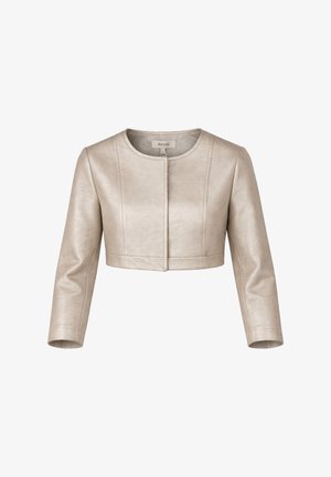 Giacca corta beige in ecopelle con scollo rotondo, maniche lunghe e chiusura frontale nascosta.