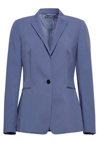 Blå kavaj i slät tyg, med spetsig krage, enkel knappstängning och två framfickor med eleganta stickningsdetaljer.