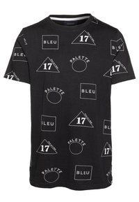 Camiseta de algodón negra con patrones geométricos blancos, incluyendo triángulos, círculos y texto. Presenta un cuello redondo y mangas cortas.