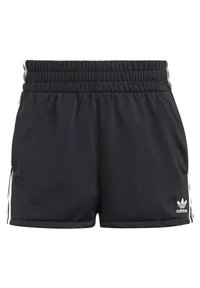 Černé sportovní kraťasy s elastickým pasem, které mají tři bílé pruhy po stranách a logo Adidas v dolním pravém rohu.