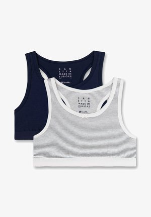 Deux tops courts : un bleu marine foncé, un blanc avec des rayures navy. Les deux présentent un col rond et un dos nageur. Matière en coton doux.