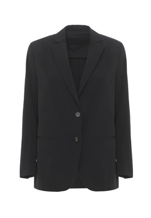 Blazer formale nero con rever con scalfatura, due bottoni e tasche a filetto frontali, mostrato su uno sfondo bianco semplice.