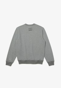 Sweat-shirt en coton gris avec poignets et ourlet côtelés, arborant un logo brodé dans le dos près du col. Design simple avec col rond.