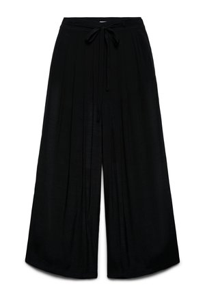 Pantaloni neri a gamba larga con vita regolabile tramite coulisse e sottili pieghe verticali, mostrati distesi su uno sfondo bianco.