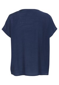 Blouse bleu marine à manches courtes en tissu léger. Dotée d'un col rond et d'une coupe décontractée avec une surface légèrement texturée.