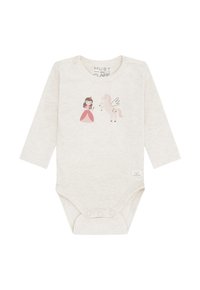 Body neonato a maniche lunghe di colore crema con chiusure a pressione, dotato di illustrazioni di una principessa rosa e di un unicorno alato sul petto.