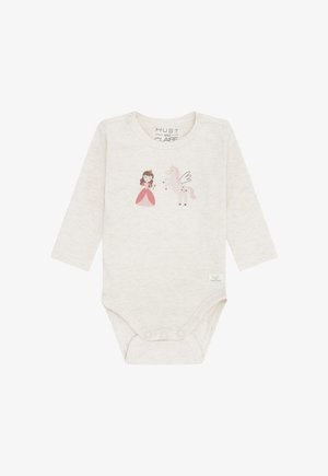 Cremefarbener Baby-Body mit langen Ärmeln und Druckknöpfen, mit Illustrationen von einer pinken Prinzessin und einem geflügelten Einhorn auf der Brust.