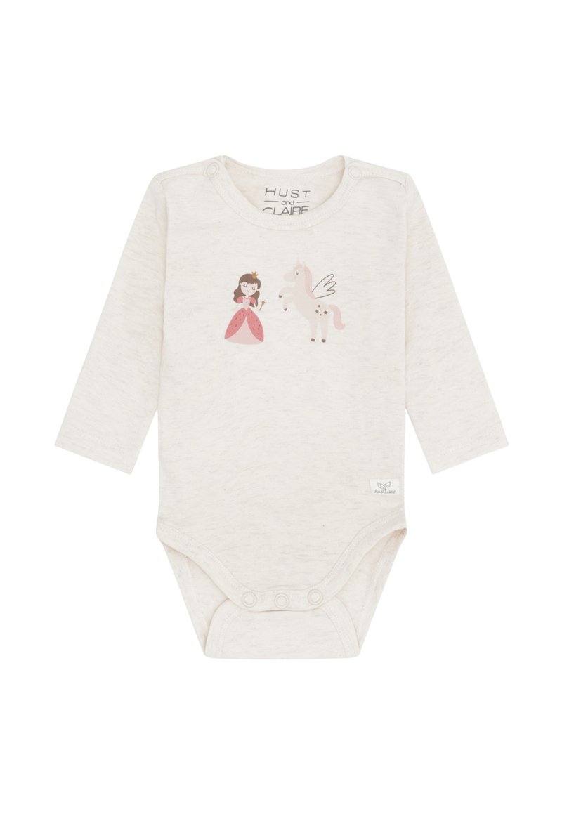 Body neonato a maniche lunghe di colore crema con chiusure a pressione, dotato di illustrazioni di una principessa rosa e di un unicorno alato sul petto.