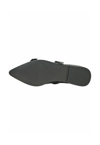 Black pointed-toe shoe with a flat sole. Smooth texture, minimal design, includes adjustable strap. Features a subtle tread pattern on the bottom.