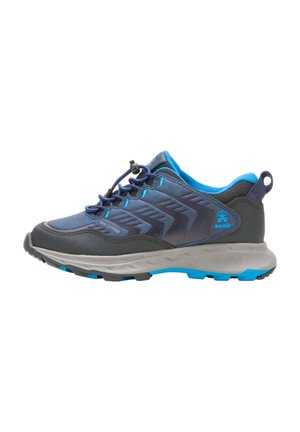 Grey and blue athletic shoes featuring a mesh upper, textured accents, quick-lace system, and a rugged outsole for traction.