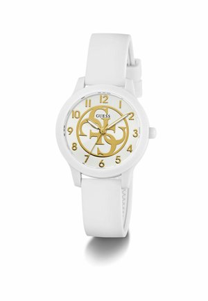 Balts pulkstenis ar zelta cipariem un rādītājiem, centrā zelta Guess logo un balts silikona siksniņa.