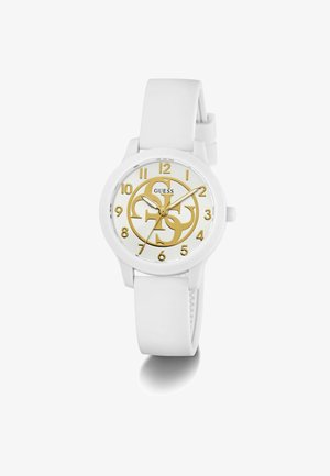 Bijeli ručni sat sa zlatnim brojkama i kazaljkama, s zlatnim Guess logotipom u sredini i bijelom silikonskom narukvicom.