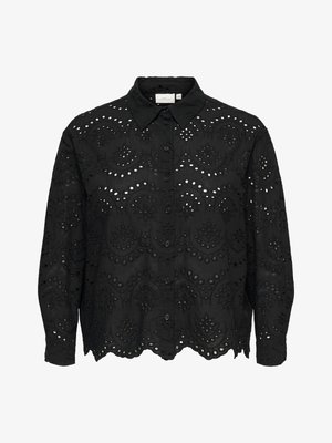 Black long-sleeve button-up shirt with embroidered and cut-out floral patterns and scalloped hem and cuffs.