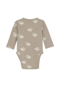 Beige lange mouw babypak met witte schapenpatronen die gelijkmatig over de stof verspreid zijn.
