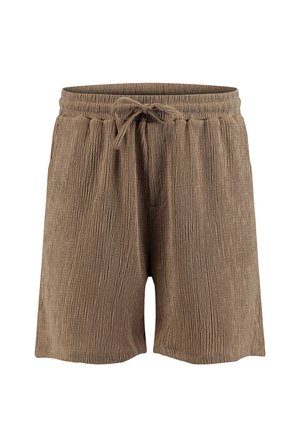 Brązowe spodenki z teksturowanej tkaniny z elastycznym pasem i wiązaniem z przodu, zaprojektowane do noszenia na co dzień.