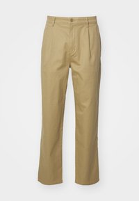 Light brown, straight-leg trousers made of cotton. Features a button closure, front pleats, and side pockets. Smooth texture.