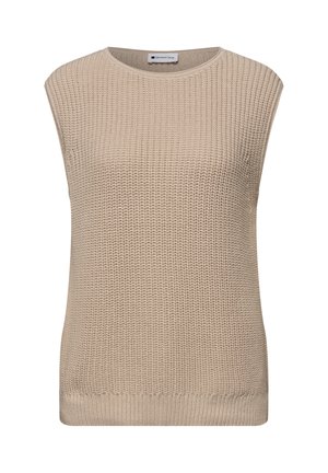 Béžová pletená vesta bez rukávů s kulatým výstřihem a strukturovaným vzorem vaflí, s visačkou značky „Street One“ uvnitř límce.