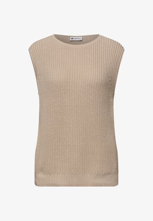 Béžová pletená vesta bez rukávů s kulatým výstřihem a strukturovaným vzorem vaflí, s visačkou značky „Street One“ uvnitř límce.