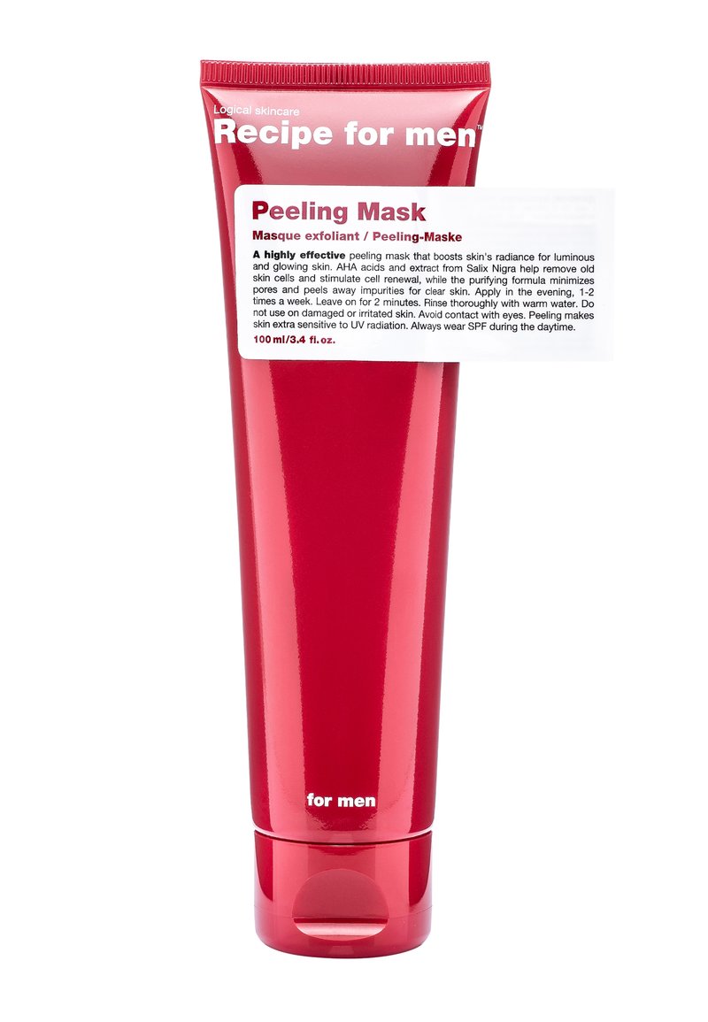 Rode plastic buis met een glanzende afwerking, voorzien van een flip-top dop. Het voorlabel in witte tekst luidt "Peeling Mask" en "voor mannen." 100 ml capaciteit.