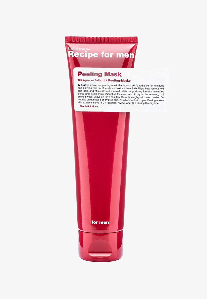 Rode plastic buis met een glanzende afwerking, voorzien van een flip-top dop. Het voorlabel in witte tekst luidt "Peeling Mask" en "voor mannen." 100 ml capaciteit.