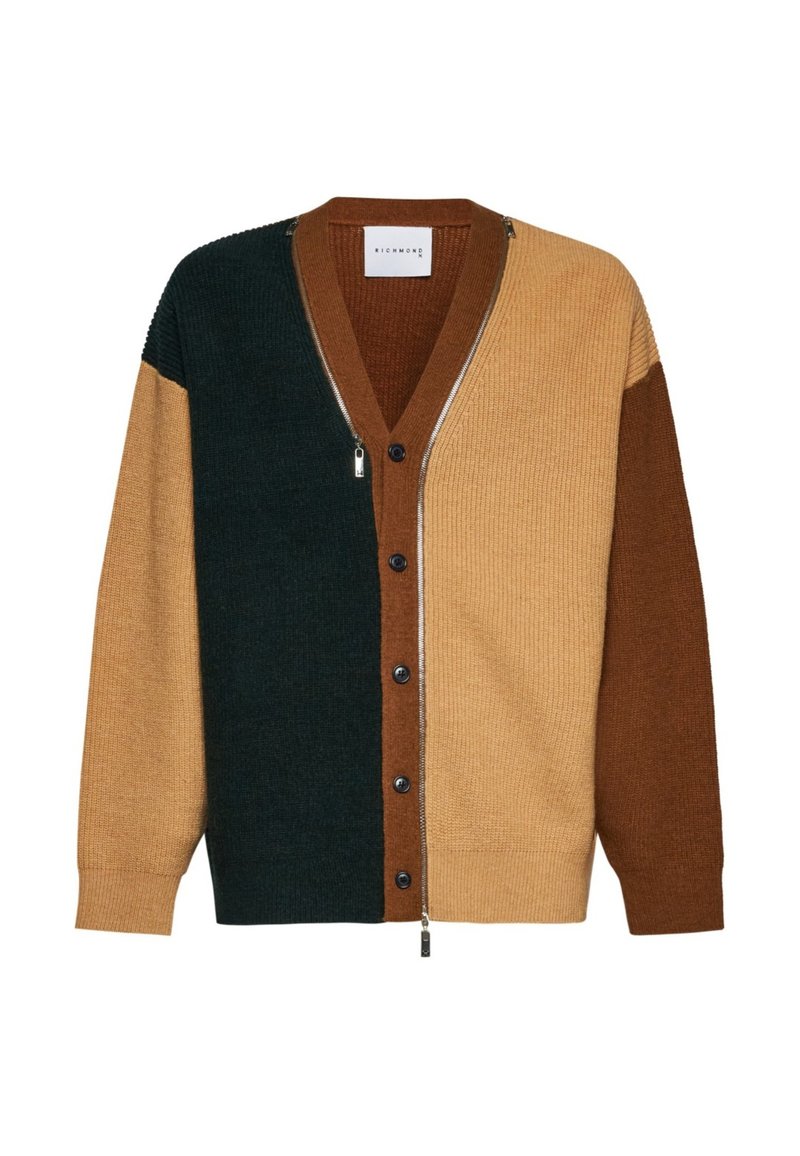 Cardigan lavorato a maglia con design a blocchi di colore in verde scuro, marrone e beige, con scollo a V, bottoni e dettaglio con zip.