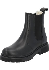 Stivale alla caviglia in pelle nera con pannelli laterali elasticizzati, suola in gomma nera testurizzata e un tassello sul retro per una facile calzata.