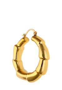 Aranyszínű karika fülbevalók, bambusz ihlette formával, sima, lekerekített alakokkal és fényes felülettel. Csuklós kapcsos zár.