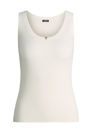 Samtiges, geripptes Strick-Top ohne Ärmel mit Rundhalsausschnitt und kleinem metallischem Bienchen-Detail unterhalb des Halsausschnitts, mit der JOOP!-Marke innen am Kragen.