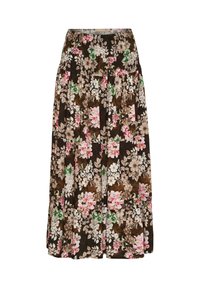 Brun blomstret maxiskirt med en samlet talje, pink og hvide blomster, grønne blade og et flydende design med flere stoflag.