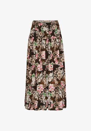 Brun blomstret maxiskirt med en samlet talje, pink og hvide blomster, grønne blade og et flydende design med flere stoflag.