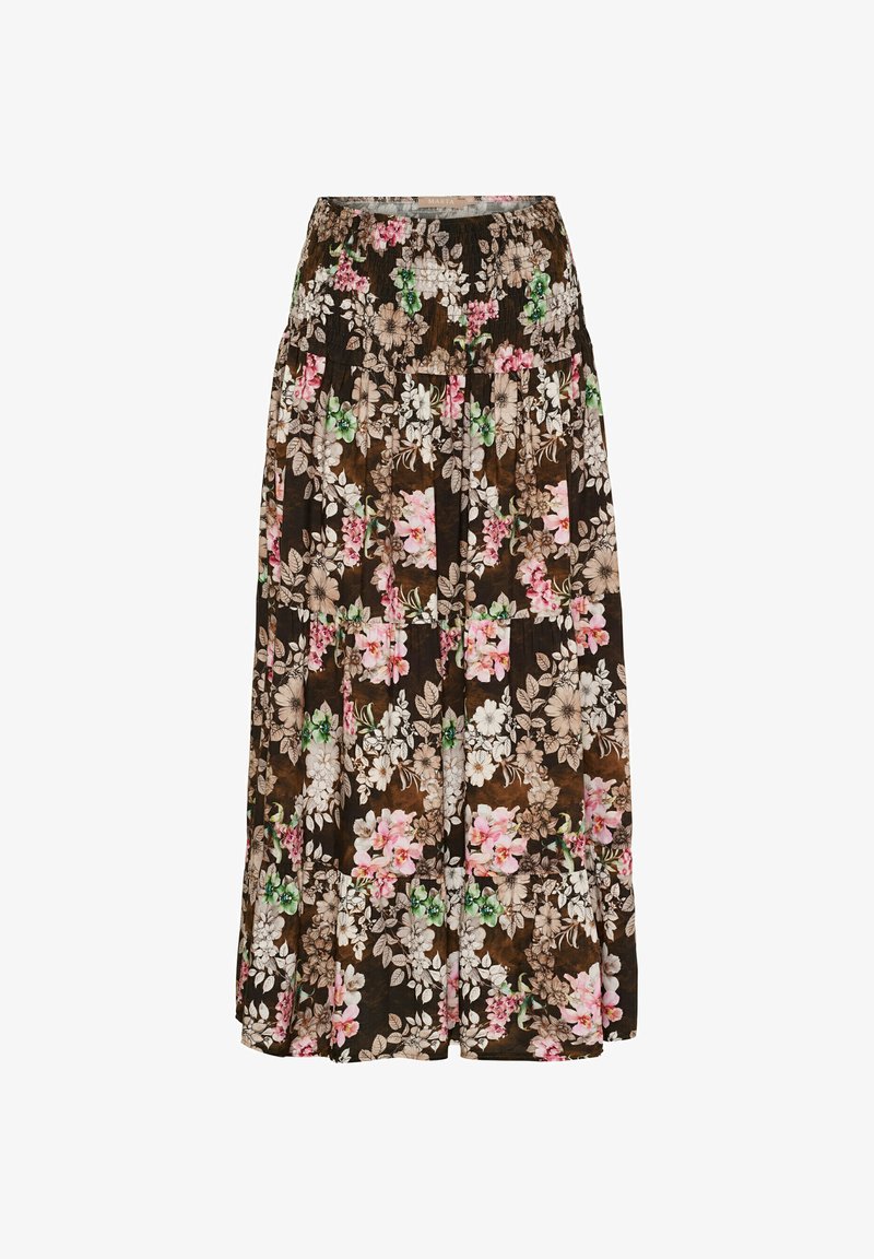Brun blomstret maxiskirt med en samlet talje, pink og hvide blomster, grønne blade og et flydende design med flere stoflag.