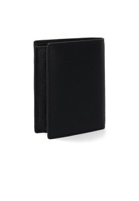 Zwarte leren portefeuille met een gestructureerd oppervlak, bi-fold ontwerp en netjes gestikte randen. Compacte vorm met minimalistische esthetiek.