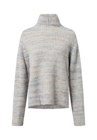 Lichtgrijze geribbelde gebreide turtleneck trui met lange mouwen en subtiele blauwe en beige patronen.