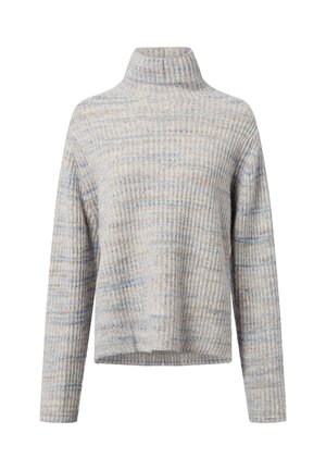 Pull à col roulé en tricot côtelé gris clair avec de longues manches et de subtils motifs bleus et beiges.