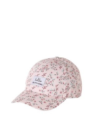 Pink floral-patterned baseball cap with a sewn-on patch that reads "hello summer" on the front panel.