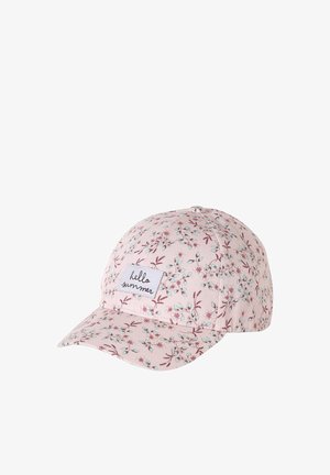 Pink floral-patterned baseball cap with a sewn-on patch that reads "hello summer" on the front panel.