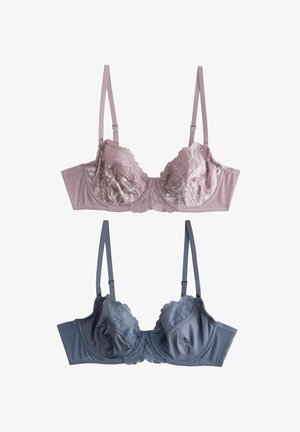 Kaksi rintaliiviä: toinen vaaleanpunainen pitsikoristeluilla, toinen tummanharmaa vastaavilla yksityiskohdilla. Molemmissa on säädettävät olkaimet ja sileä pinta.