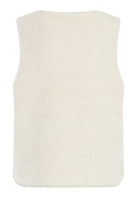 Beżowa bezrękawnik wykonany z fakturowanej, puszystej tkaniny. Posiada zaokrąglony dół i brak zapięć. Widok tylko z tyłu.