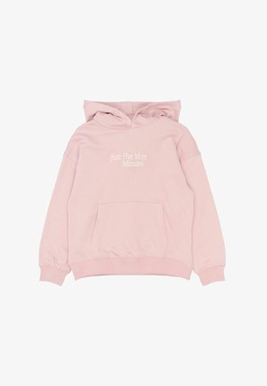 Rosa Kapuzenpullover mit Fronttasche, versehen mit dem weißen Text "Nur noch fünf Minuten." Hergestellt aus weichem Stoff mit relaxter Passform und geripptem Saum.