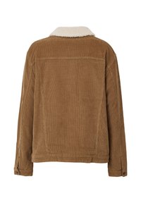 Braune Cordjacke mit einem kragen aus cremefarbenem Kunstfell, langen Ärmeln und geradem Schnitt mit Nahtdetails auf der Rückseite.