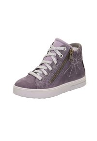 Paarse suede high-top sneaker met zilveren veters, geborduurd sterontwerp en een zijrits voor gemakkelijke toegang. Rubberen zool verbetert de grip.