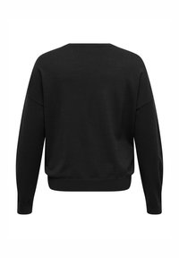 Black sweater, soft knit material, crew neck, dropped shoulders, ribbed cuffs and hem, relaxed fit, smooth texture, solid color.