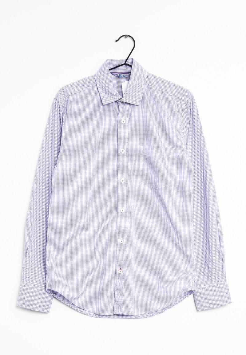 Ljuslila rutig skjorta med långa ärmar, krage, bröstficka, knäppning fram och rundad nederkant. Tillverkad av mjukt tyg.