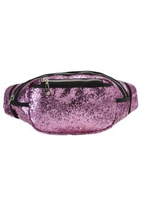 Růžová třpytivá ledvinka zaobleného tvaru s dvěma kapsami na zip a černými detaily podél okrajů a popruhů.